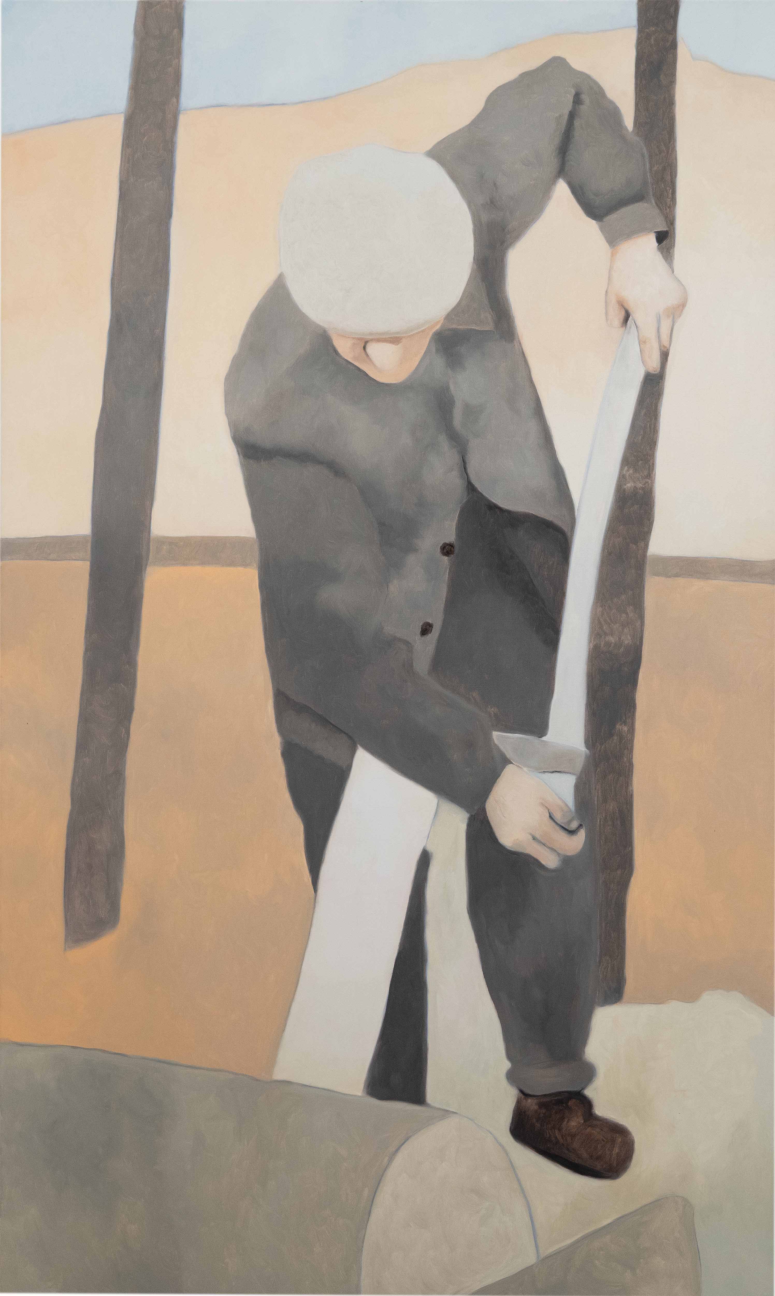 Sébastien Bonin, L'aiguiseur, 2025, oil on canvas, 175 x 105 cm
